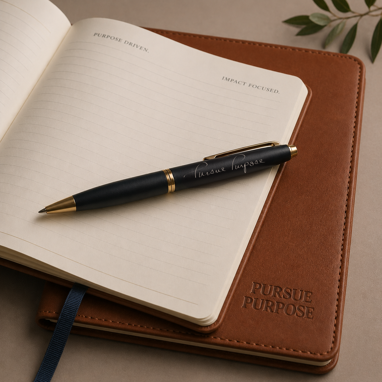 An open planner with lined pages reading 'Purpose Driven' and 'Impact Focused' at the top, placed on top of a closed brown leather journal with the embossed words 'PURSUE PURPOSE' on the cover. A black and gold pen with the words 'Pursue Purpose' written on it rests on the planner. There is a small plant with green leaves in the background.