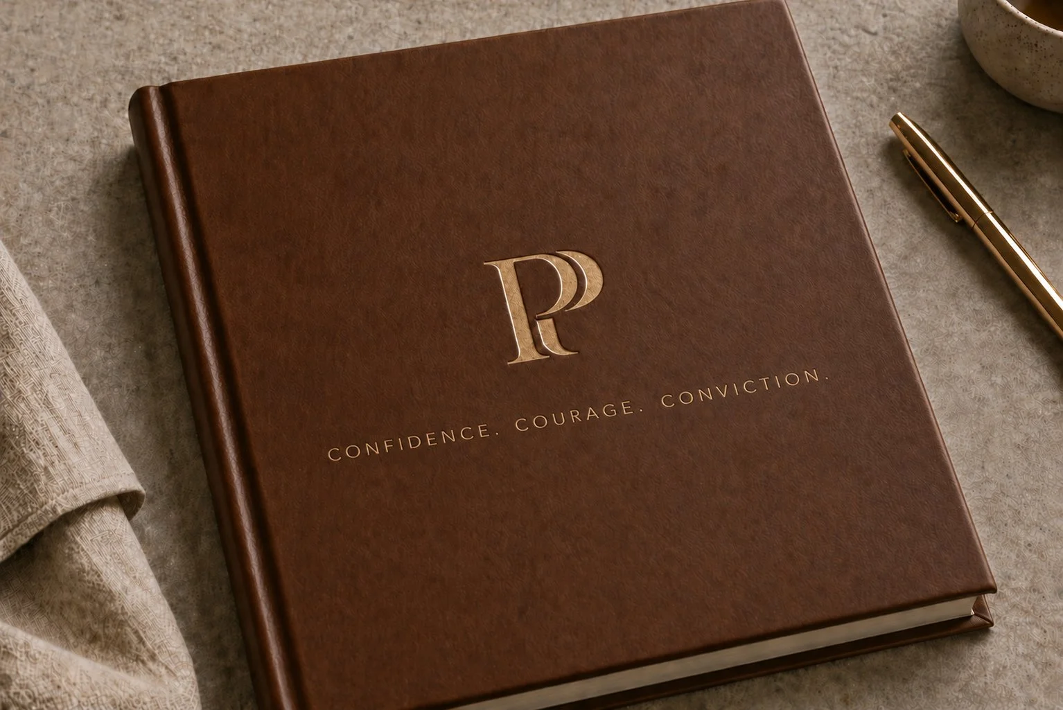 Brown notebook or binder with a gold embossed Pi symbol and the words 'Confidence. Courage. Conviction.' on the cover, placed on a textured beige surface next to a gold pen and a fabric item.