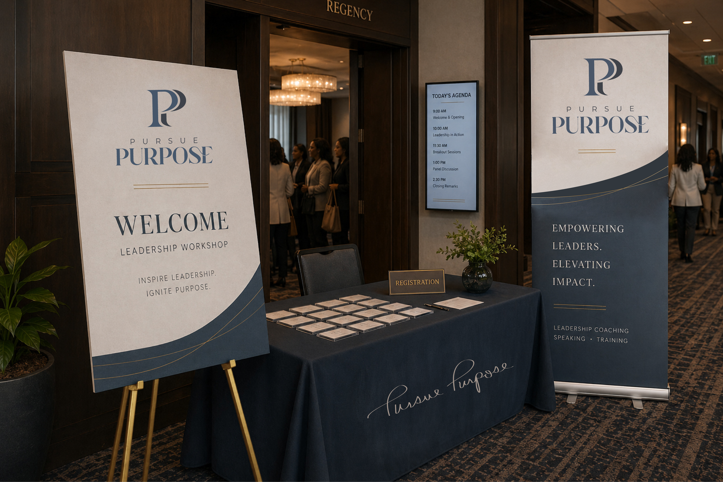 Conference registration table with sign-in sheets, a sign labeled 'Registration,' and two standing banners for the Pursue Purpose leadership event, featuring a logo with the letters P and P and the words 'Empowering Leaders, Elevating Impact.' In the background, people are gathered in a lobby area of a hotel with a sign reading 'Reigncy.'