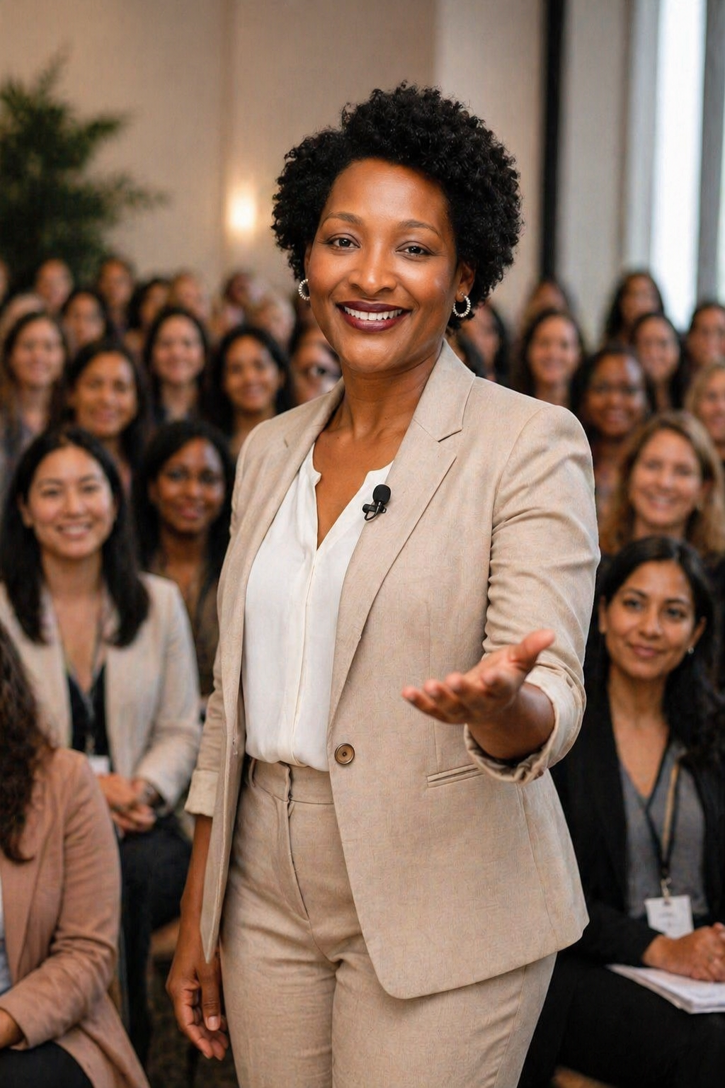 A woman in a beige suit speaking to an audience at a conference, with many women in the background smiling.