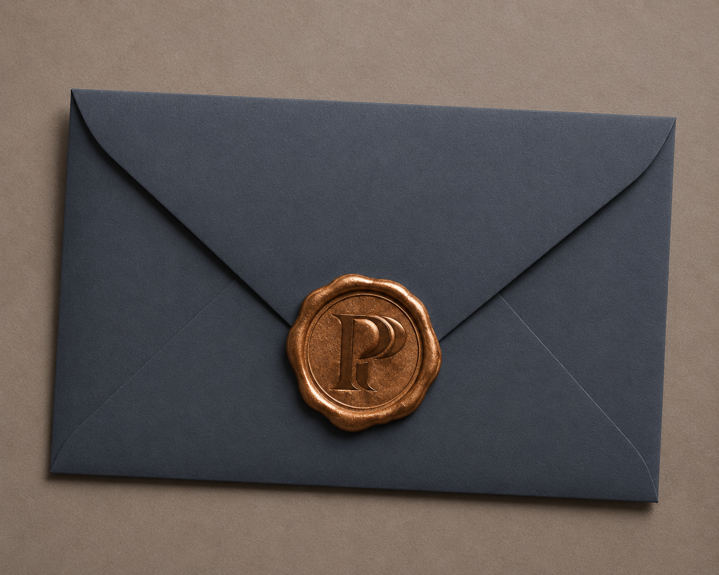 A dark blue envelope sealed with a copper wax seal featuring a letter 'P' embossed on it, placed on a beige surface.