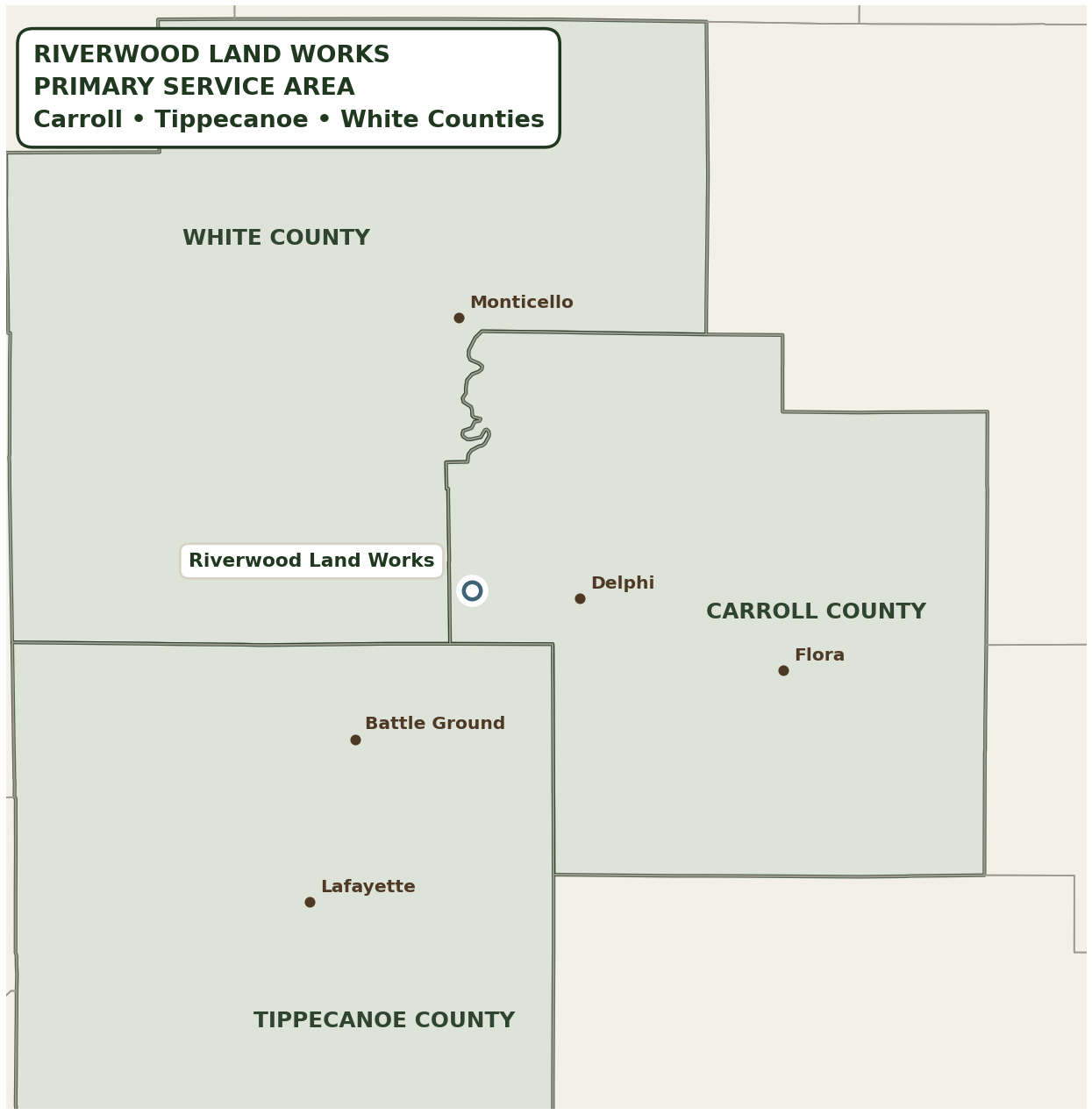 Map of primary service area for Riverwood Land Works in Carroll, Tippecanoe, and White Counties, showing towns Monticello, Delphi, Flora, Battle Ground, and Lafayette.