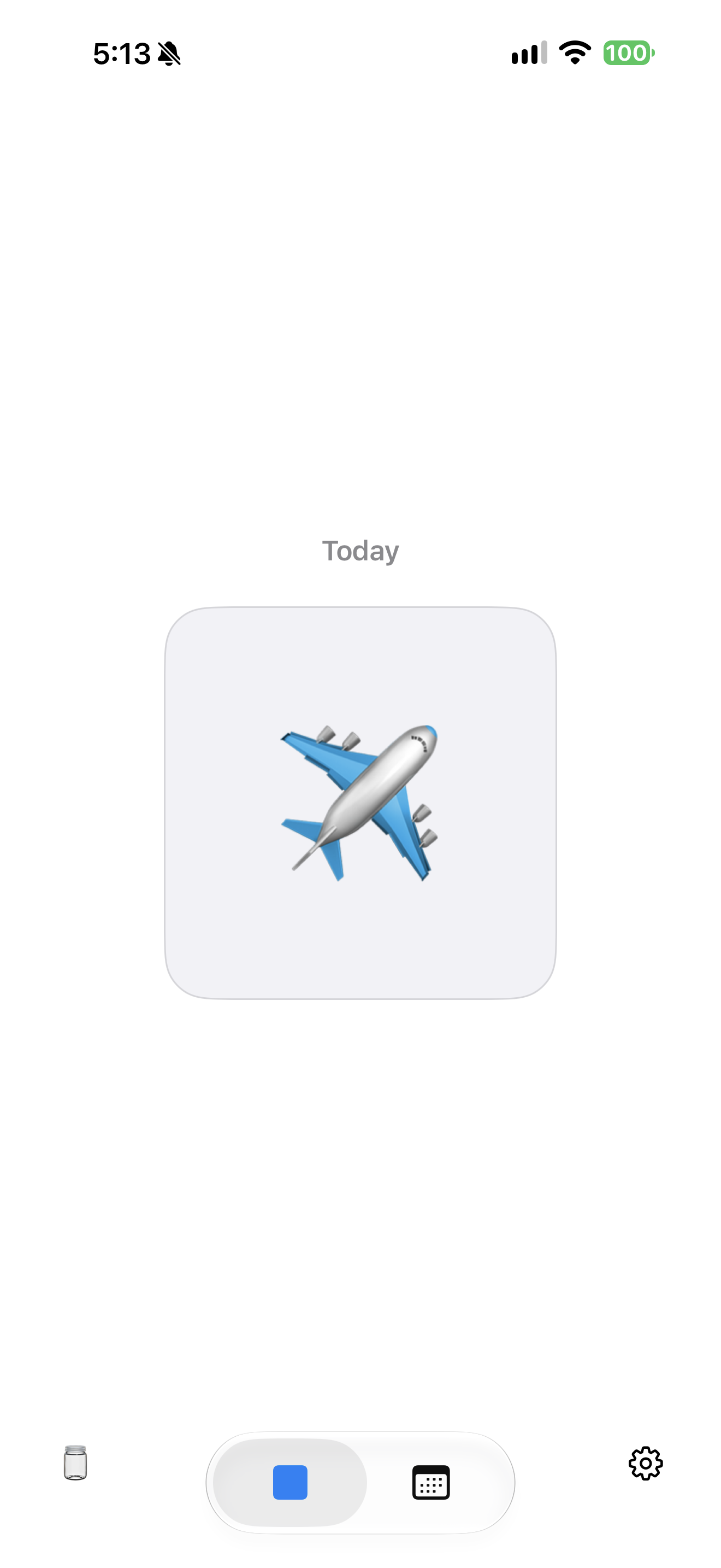 A screenshot of a phone screen displaying a flight emoji, the time 5:13, a full Wi-Fi signal, and 100% battery. The bottom of the screen shows control icons including a stopped timer, a square with rounded corners, a black dots grid, and a gear icon.