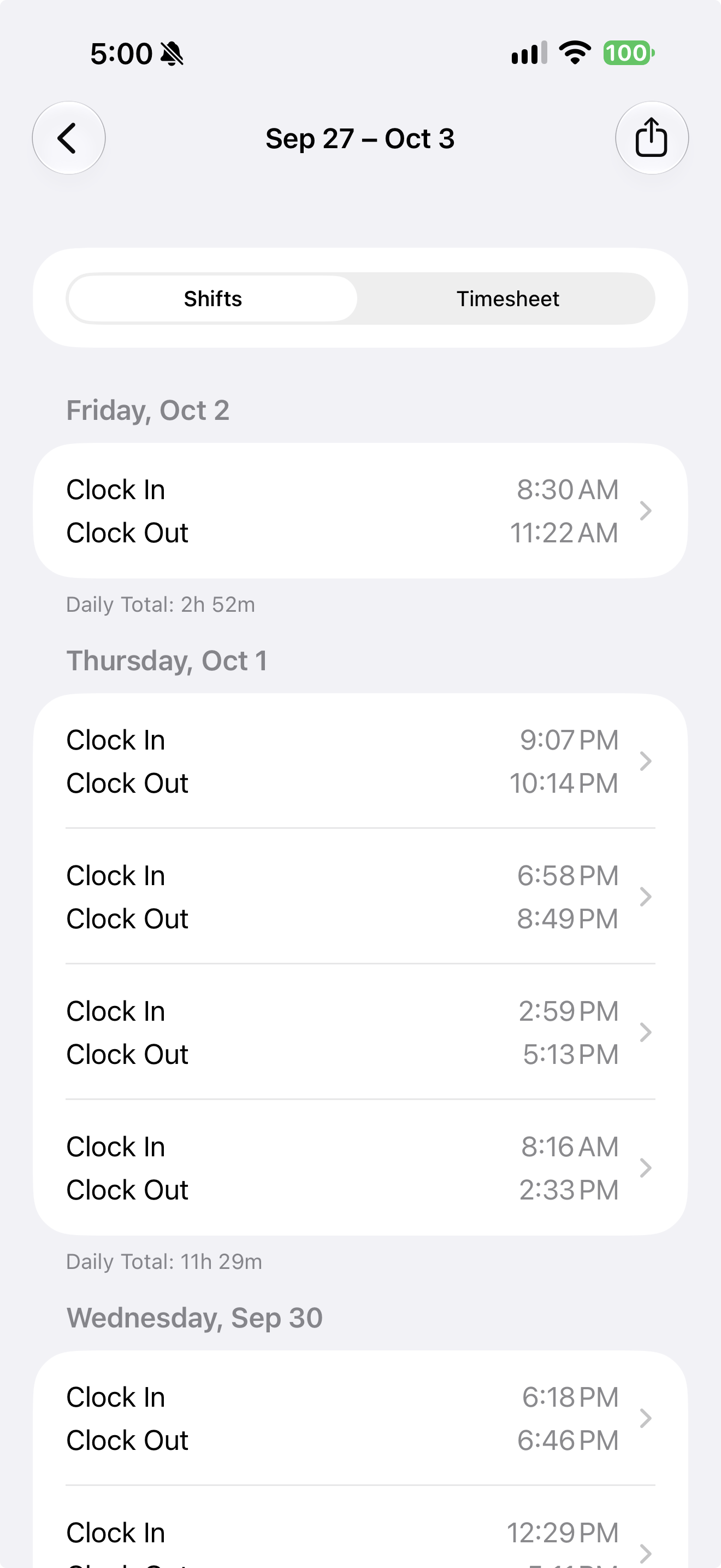 Screenshot of a mobile app showing employee clock-in and clock-out times for several days, including detailed timestamps and total hours worked.