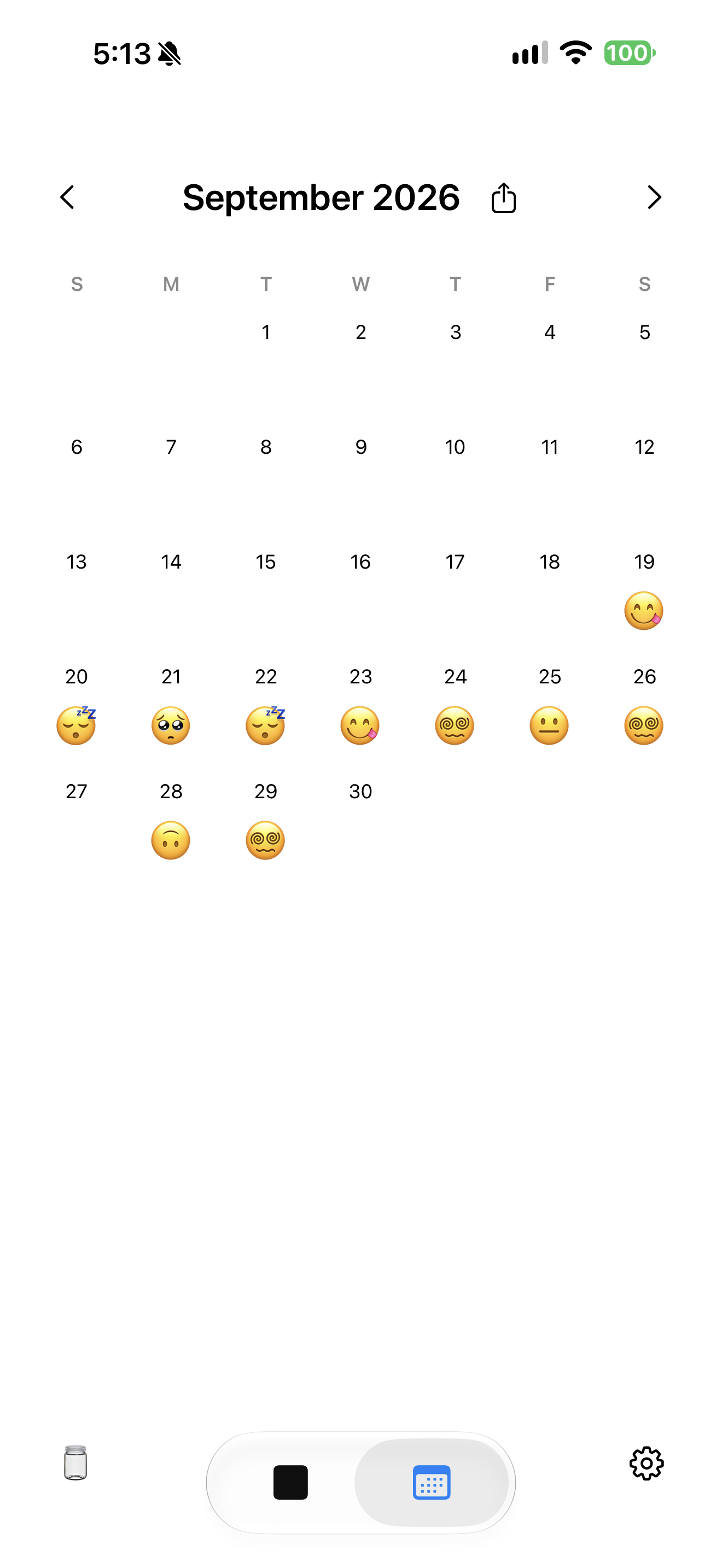A digital calendar displaying September 2026 with a series of emoticons representing different moods and sleep patterns on specific dates.