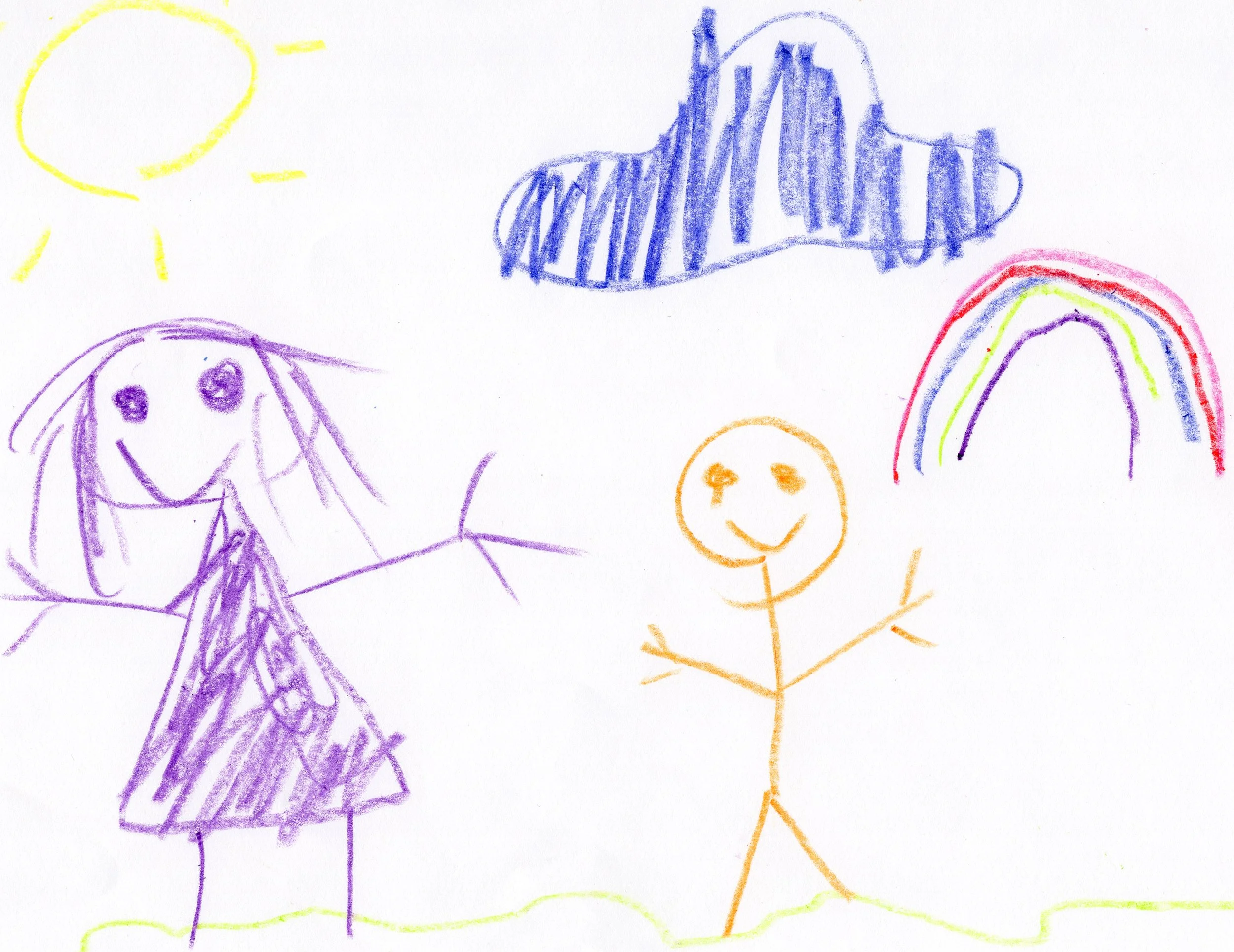 A digital scan of colorful children's drawings on paper, including a smiling face, rainbow, sun, a girl, and a butterfly.