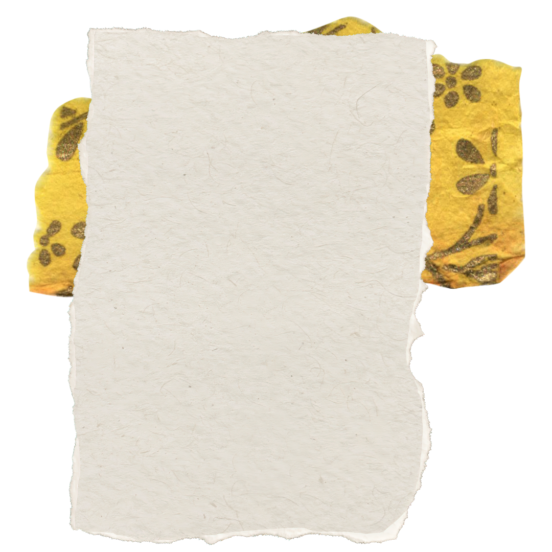 A torn piece of paper with a blank, textured, off-white background, taped to a yellow surface with brown paw print designs.