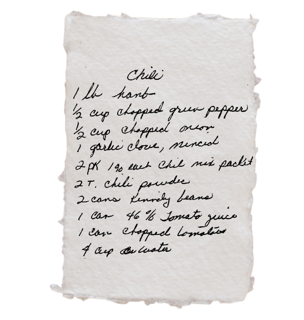 A digital scan of a handwritten recipe for chili on a torn piece of paper.