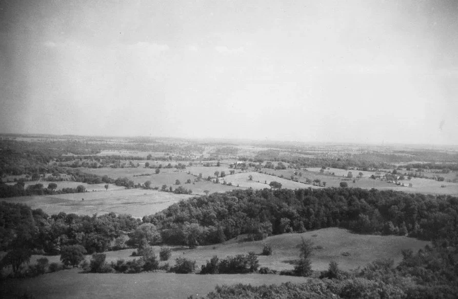 A digital scan of a vintage black and white photo of a landscape with rolling hills, trees, and fields extending to the horizon.