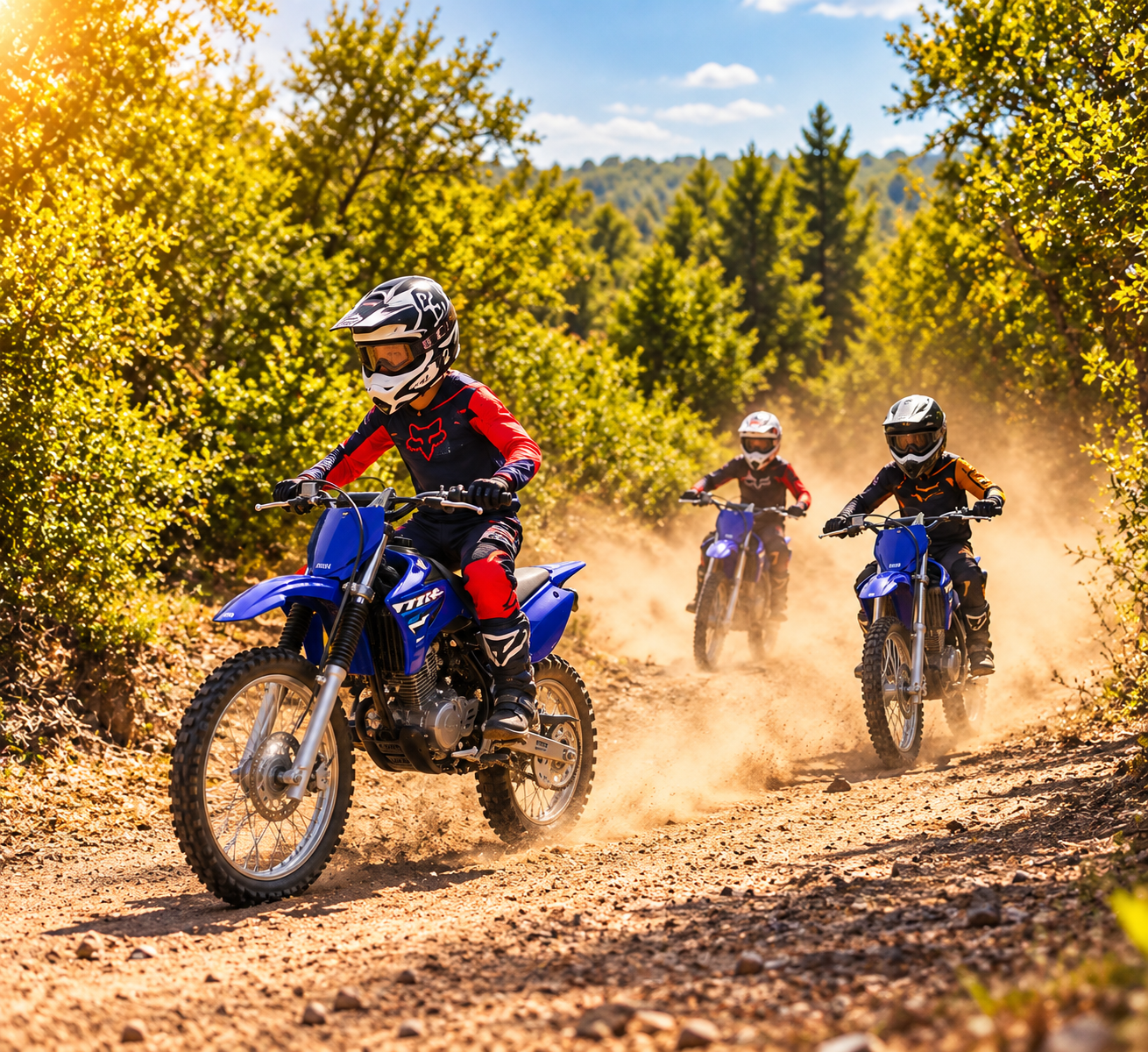 Three young riders on youth-sized rental dirt bikes from Waymaker, exploring wooded trails at Brushy Mountain Motor Sports Park in North Carolina.