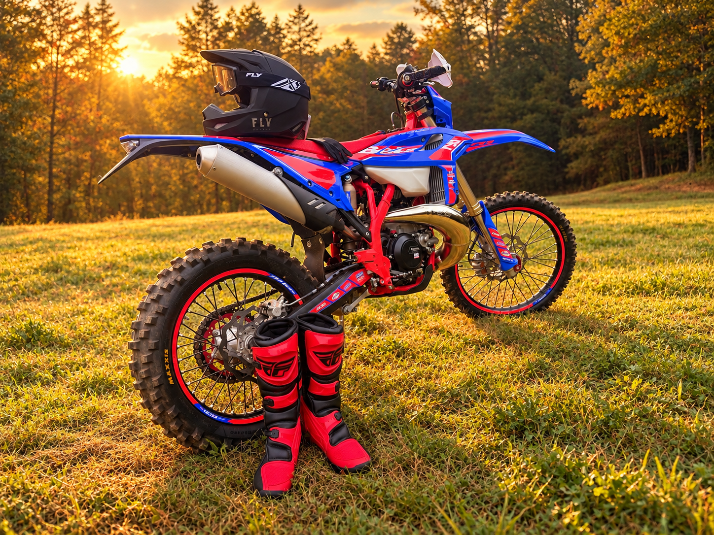 Dirt bike, helmet, boots, gloves, and goggles are included with every Waymaker Off-Road rental at Brushy Mountain Motor Sports Park in North Carolina.
