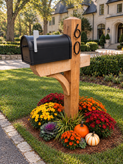 Black mailbox mounted on a wooden post in a front yard with orange and yellow flowers, pumpkins, and a house in the background.