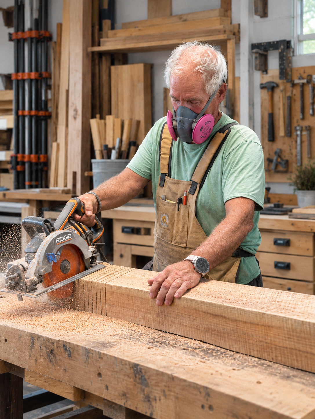 An elderly man cutting a large piece of wood with a circular saw in a woodworking shop, wearing a green t-shirt, protective mask, and overalls.