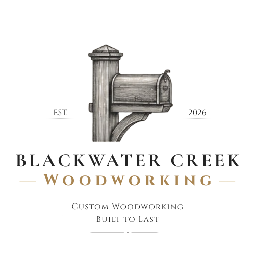Logo for Blackwater Creek Woodworking featuring a detailed illustration of a mailbox on a post, with established date 2026, and the tagline 'Custom Woodworking Built to Last'.