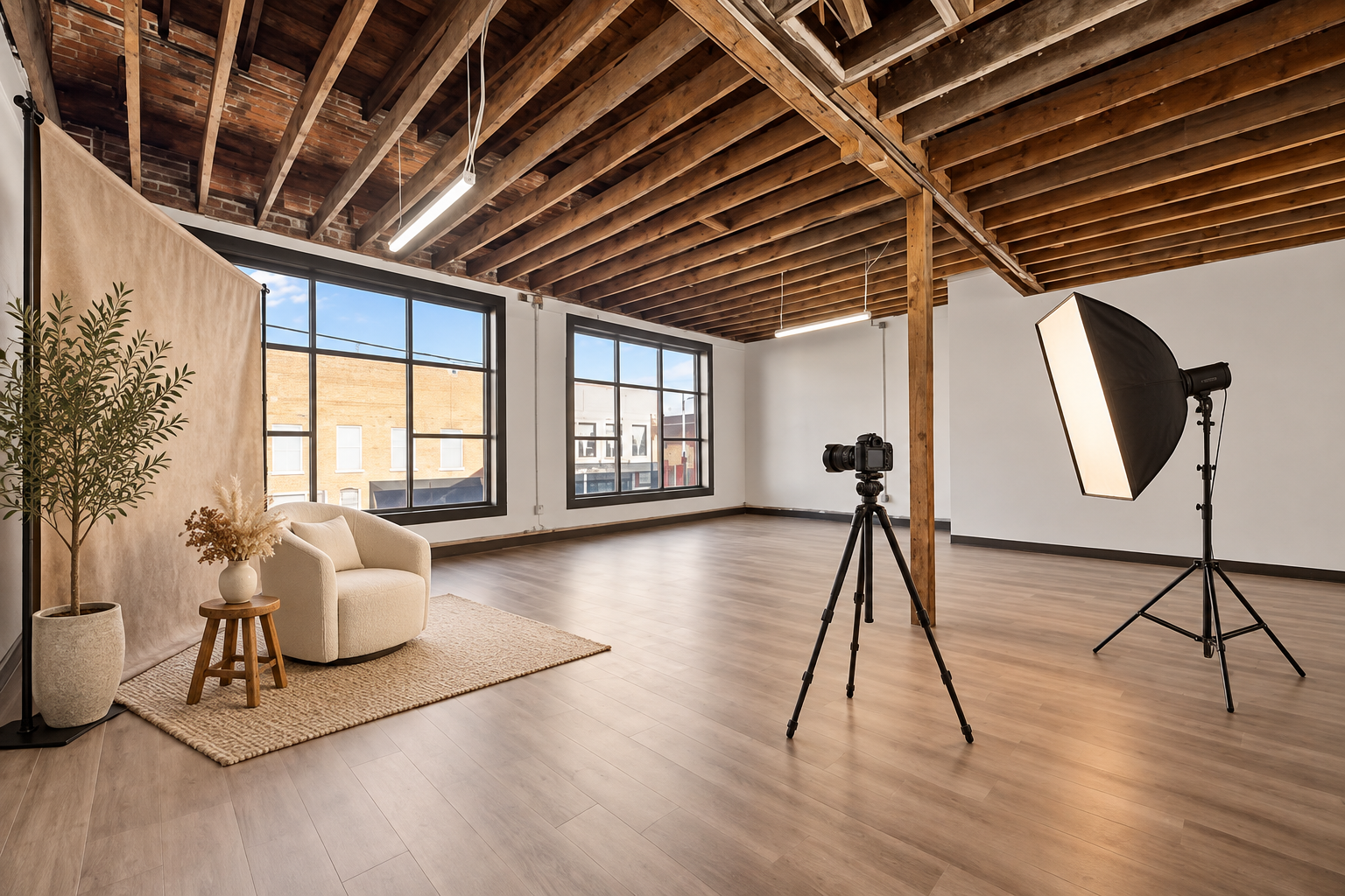 Styled portrait sessions · Virtual staging
A fabric backdrop, accent chair, rug, and greenery create a softer setting for portraits and personal-brand content. Bring your own backdrop, décor, and equipment.
