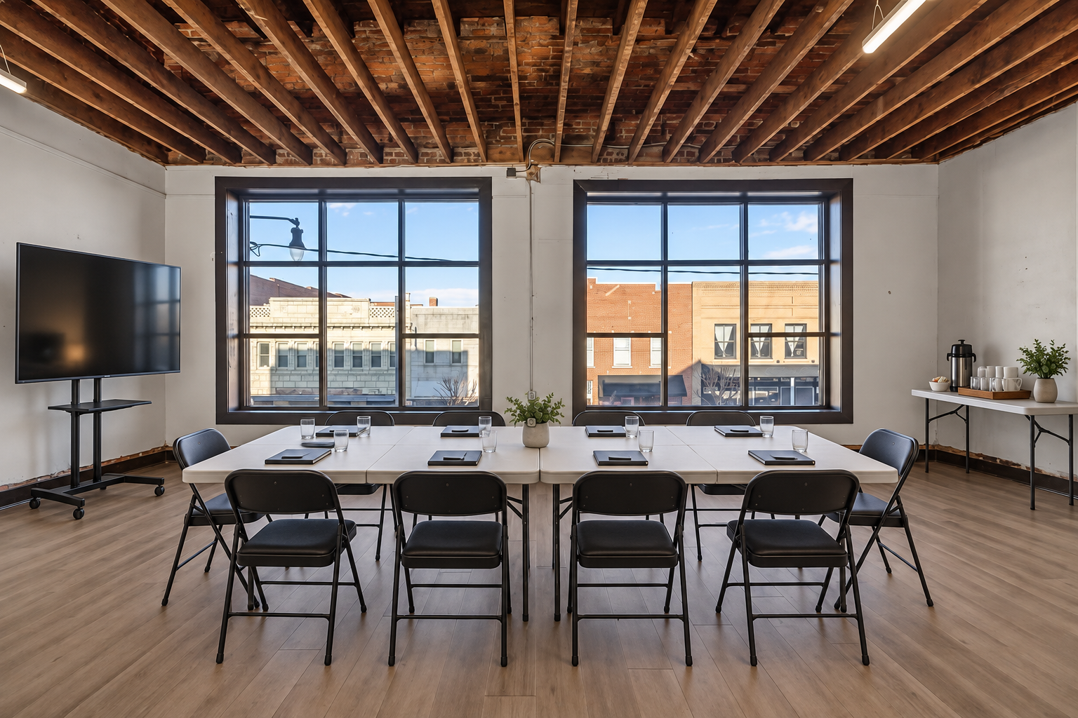 Business & club meetings · Virtual staging
Rectangular tables, chairs, and a presentation screen create a welcoming space for team planning, board meetings, trainings, or your club’s regular gathering. Ask about weekly or monthly blocks.