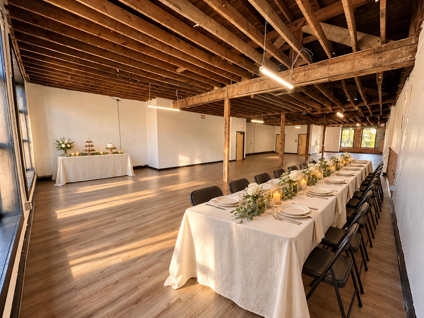 Intimate dining & club suppers · Virtual staging
Rectangular tables create a shared table for a catered dinner, club supper, or reviewed celebration. Bring your own caterer, table settings, linens, and décor.