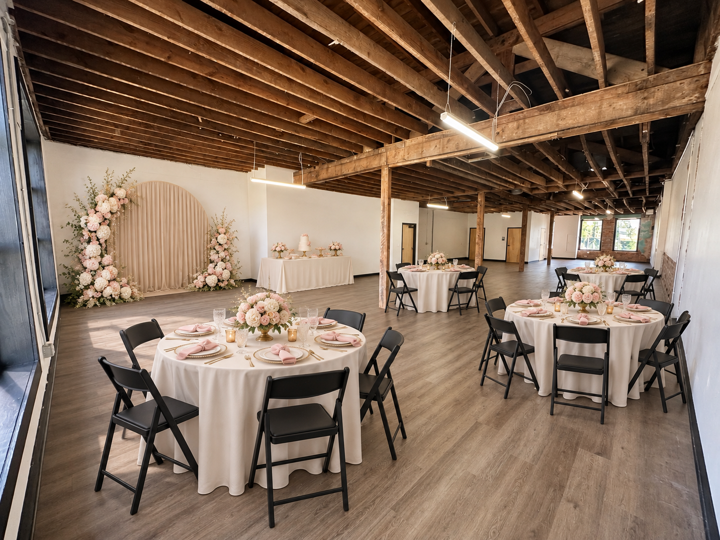 Bridal & baby showers · Virtual staging
Round tables, soft florals, and a freestanding backdrop create a thoughtful celebration. Bring your decorator, dessert display, linens, and décor. Every celebration is reviewed for eligibility.