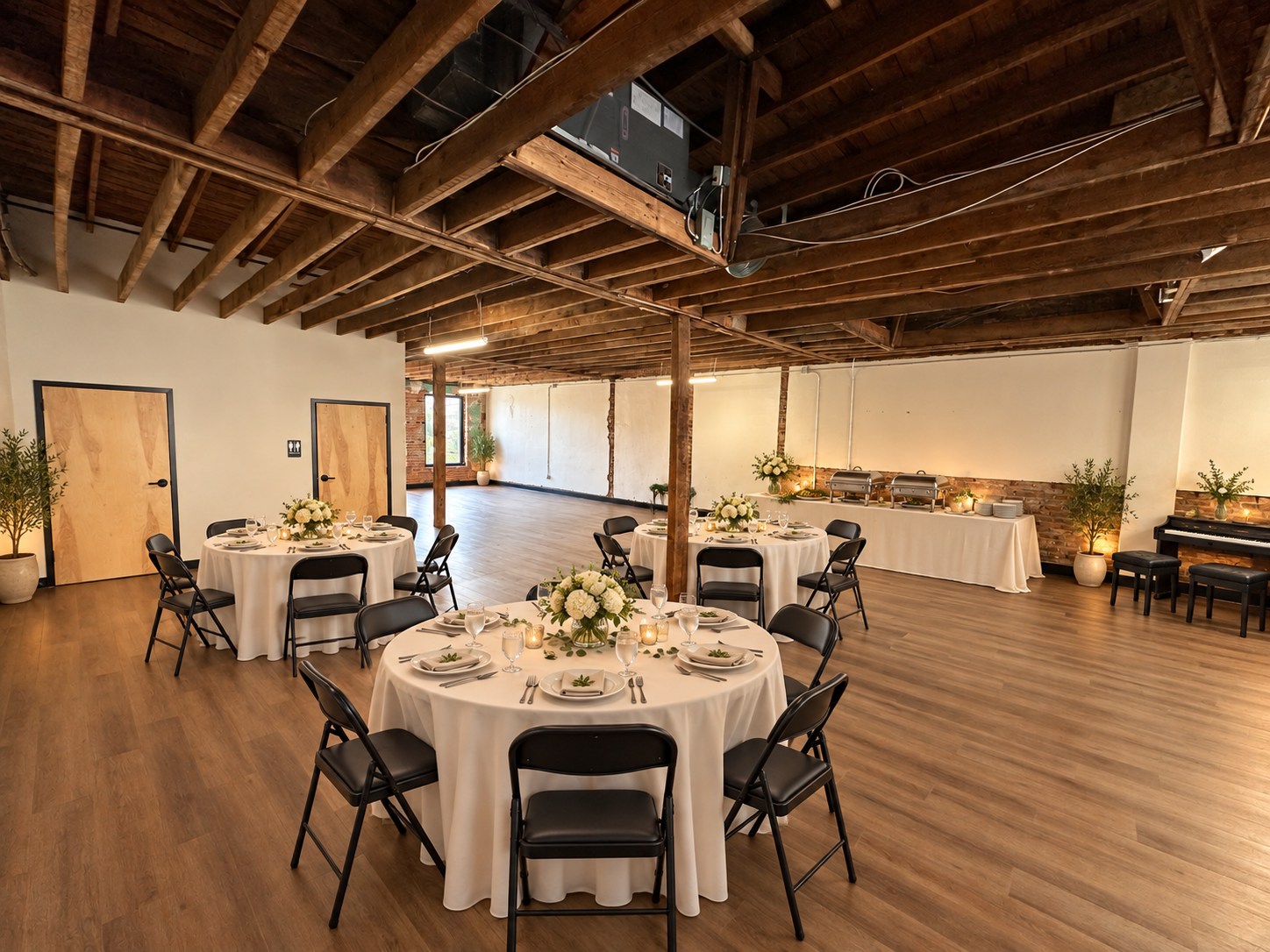 Catered gatherings & live music · Virtual staging
Round tables, a buffet, and a musician’s corner suggest an elegant club luncheon or reviewed celebration. Coordinate your own caterer, musician, linens, and décor.