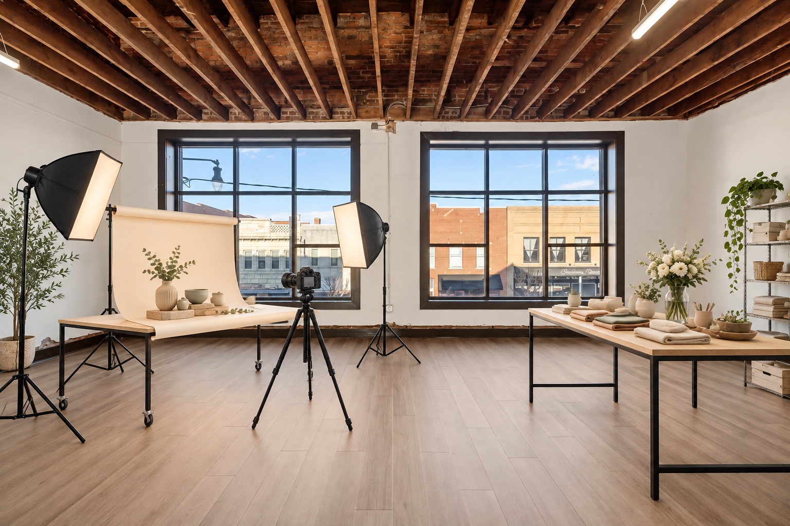 Product photography & maker content days · Virtual staging
A tabletop backdrop and styling station make room for boutique products, maker collections, and online-shop content. Bring cameras, lighting, backdrops, and props, and reserve repeat studio h