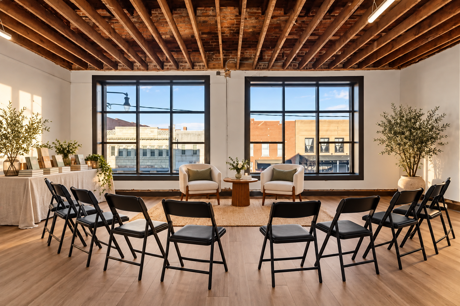 Book clubs & author talks · Virtual staging
A discussion circle and book display create an inviting home for reading groups, visiting authors, and small speaker programs. Ask about a regular monthly gathering; specialty furniture and décor are illust
