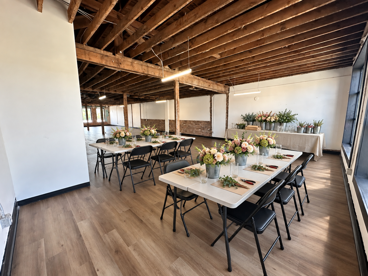 Flower arranging & hands-on classes · Virtual staging
Rectangular tables become a creative classroom for floral design or other hands-on workshops. Instructors bring flowers, tools, and materials. Build a regular weekly class or monthly workshop seri