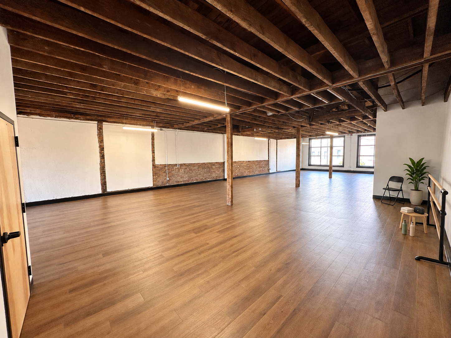 Dance & movement classes · Virtual staging
Keep the floor open for dance lessons, rehearsals, movement workshops, and recurring classes. A portable barre and small teaching setup are illustrative; instructors supply their own equipment.