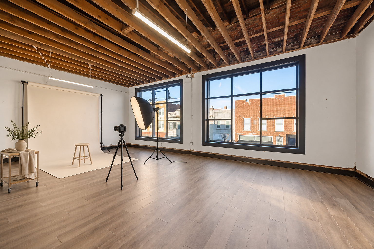 Photography & content creation · Virtual staging
A portable seamless backdrop and lighting setup make room for portraits, brand content, and product shoots. Bring your own photography equipment and make this your regular studio day.