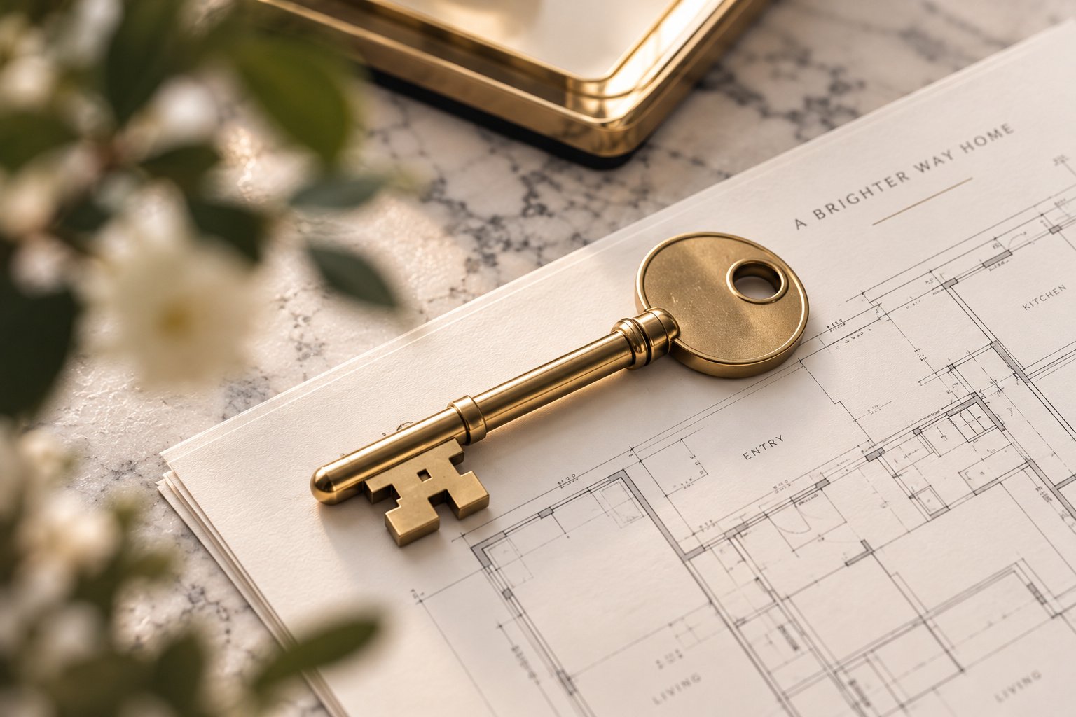 A gold key resting on architectural plans beside soft-focus flowers.