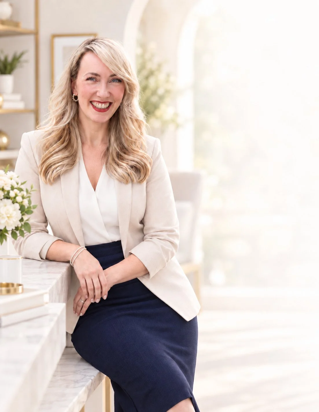 Amanda Stewart, founder of Key Suite, smiling in a light blazer in her workspace.