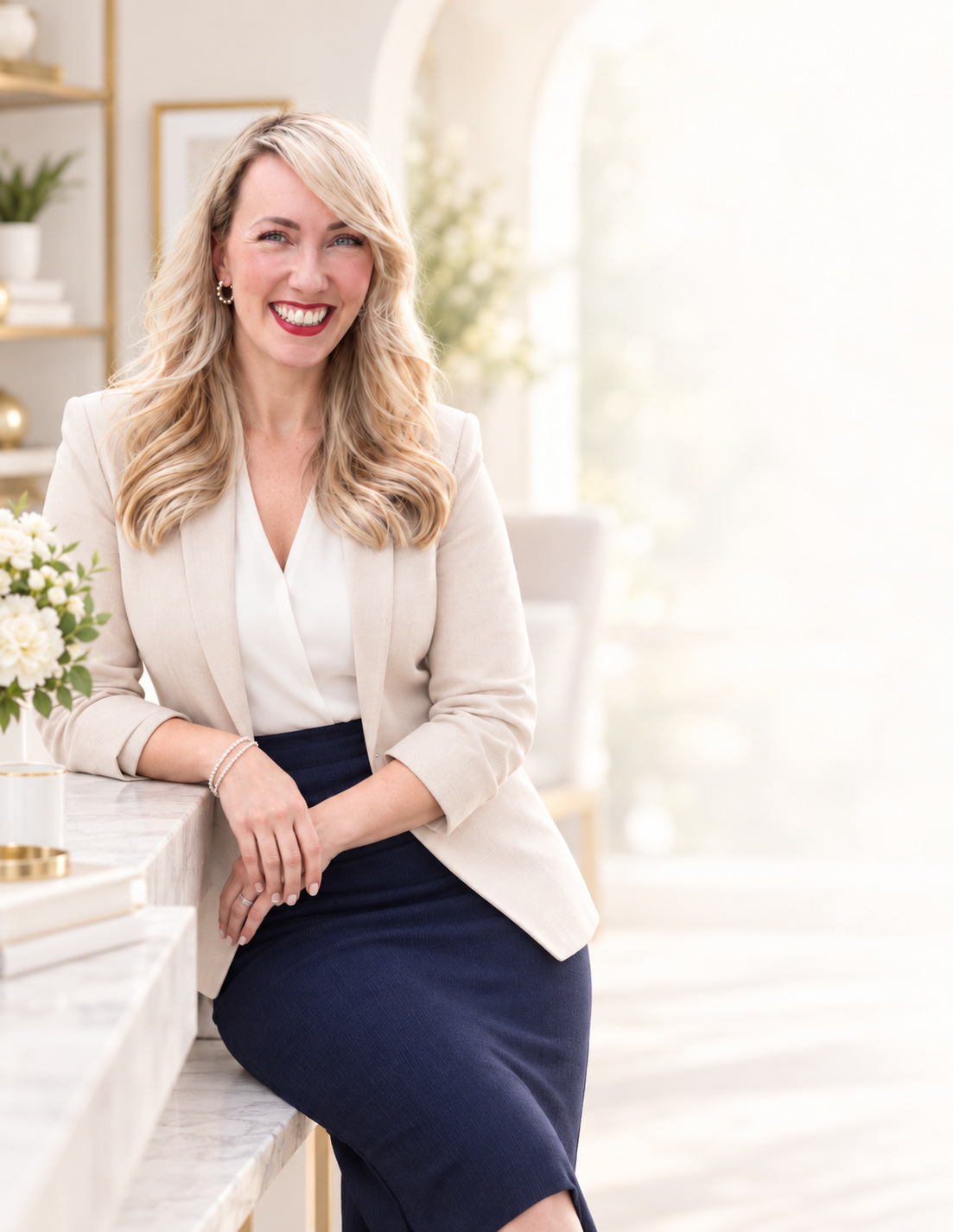 Amanda Stewart, founder of Key Suite, smiling in a light blazer in her workspace.