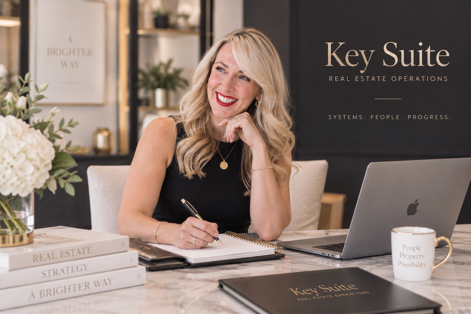 Amanda Stewart, founder of Key Suite, working at her desk beside a laptop and client materials.