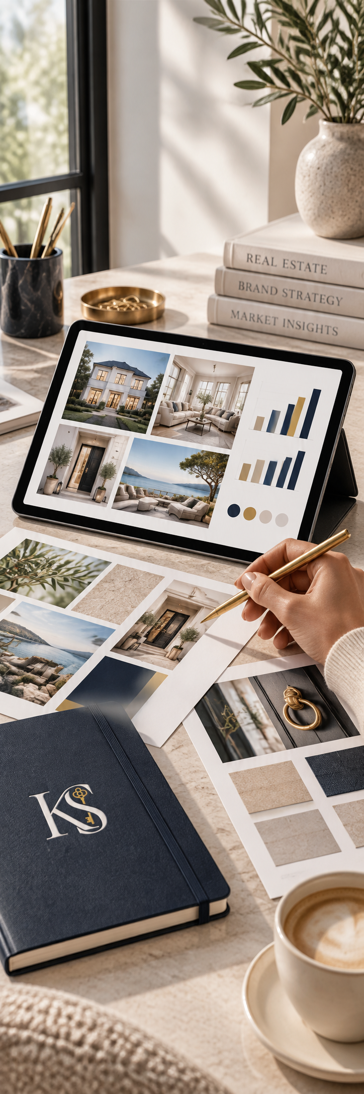 Booklet design inspiration with a navy KS cover, sample page layouts and a tablet on an ivory desk.