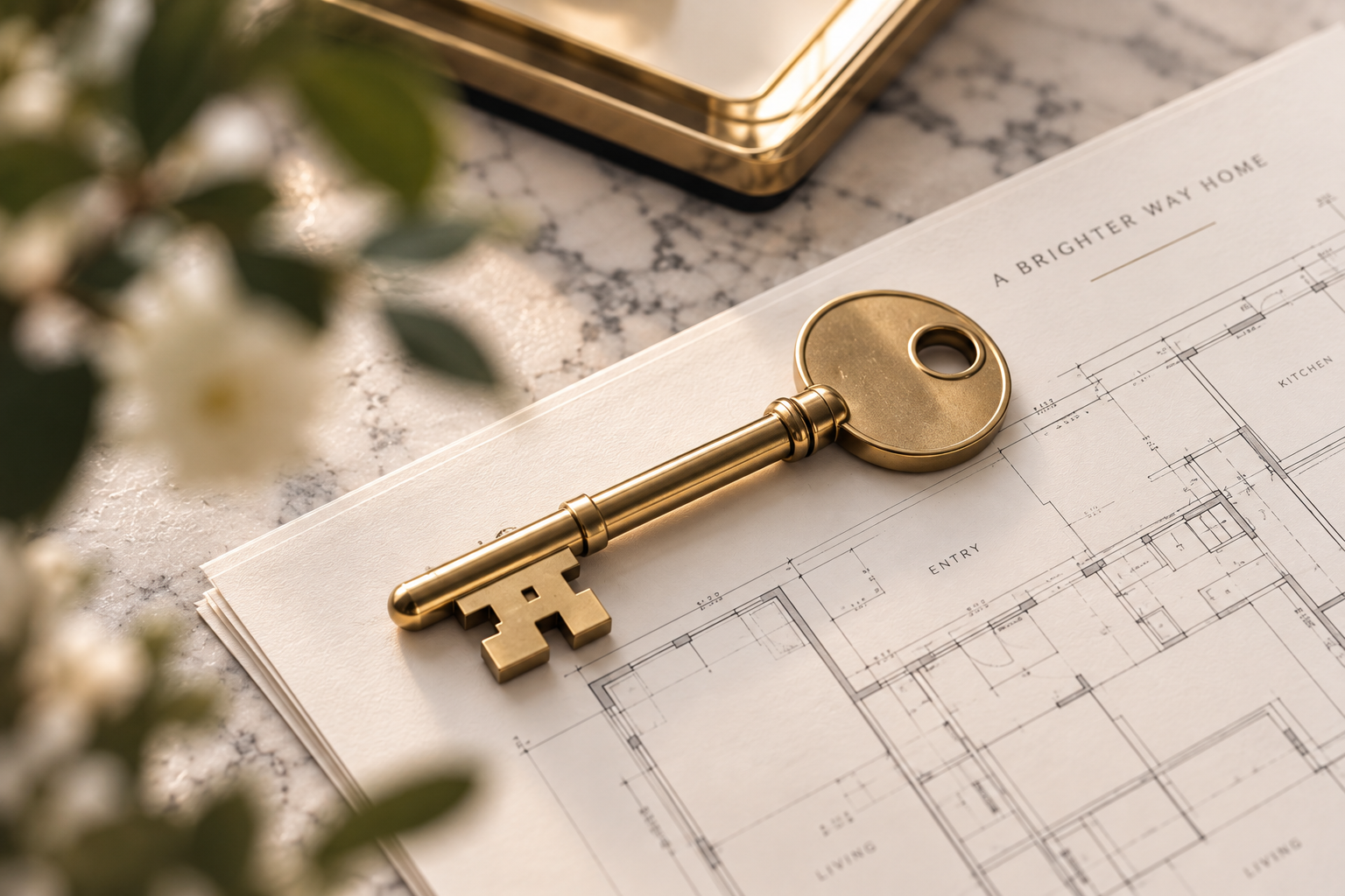 A small gold key resting on architectural plans beside a notebook and flowers.