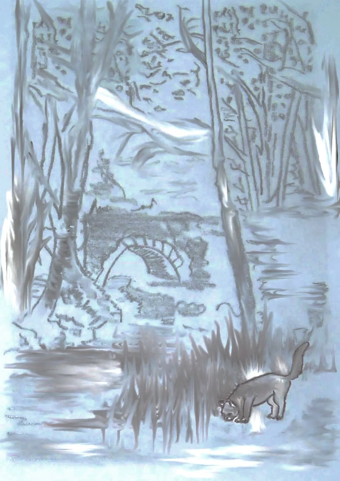 Illustration de l'auteure, le pont des Templiers dans la nouvelle fantastique "Le Château fantôme".
