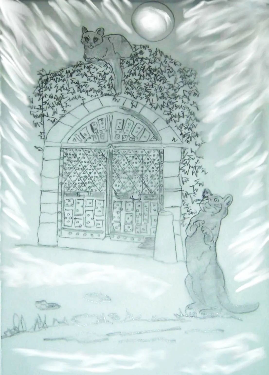 Illustration de l'auteure dans "Le Château fantôme". Rencontre de Kelpy et de Mystie dans la commanderie templière de Balizy.