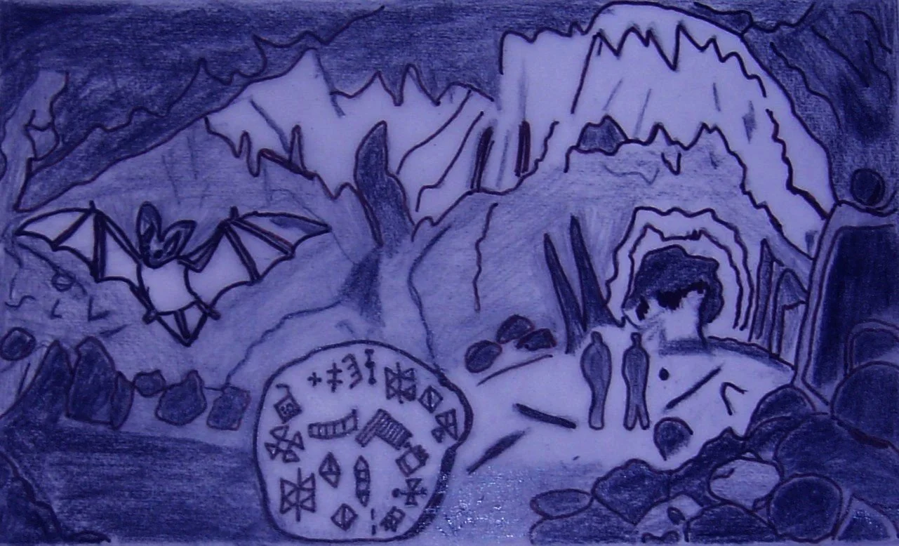 Illustration de l'auteure Karell S. dans La Clé de la mer. Ecriture élamite linéaire.