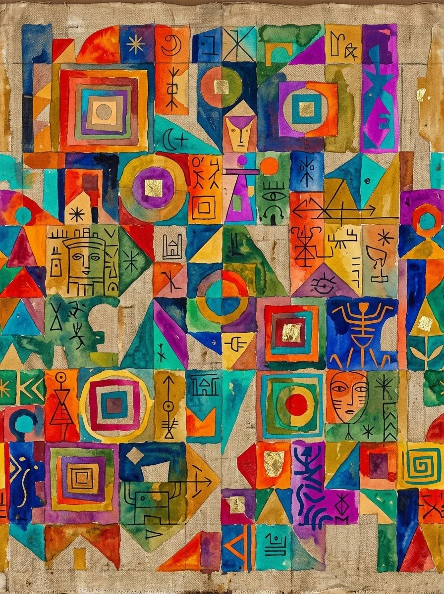 Illustration géométrique dans le style de Paul Klee, générée par l'IA.