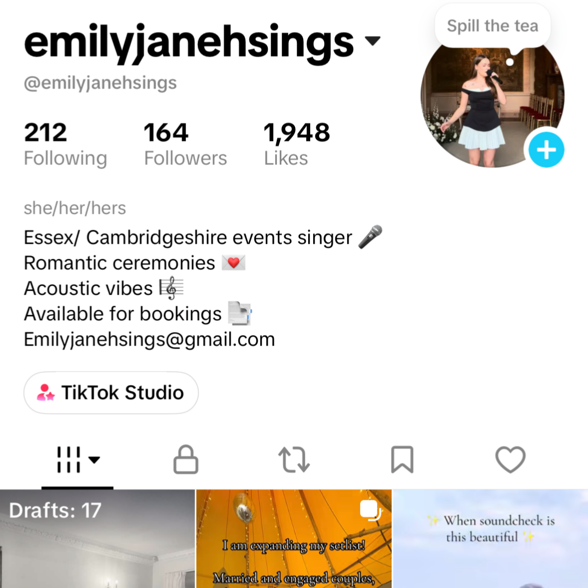 TikTok profile page of emilyjensings, an Essex/Cambridgeshire events singer, with a profile picture of a woman singing on stage. The profile includes a bio mentioning romantic ceremonies, acoustic vibes, and bookings, along with email contact information.