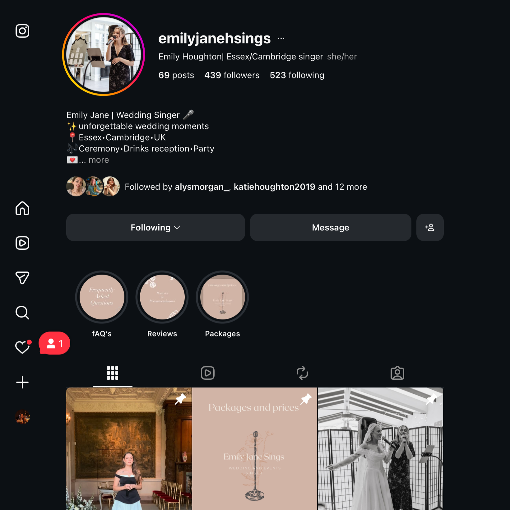 Instagram profile page of Emily Jane Houghton, a wedding singer from Essex/Cambridge, with a profile picture of her singing with a microphone in a bright room. The bio mentions her being a wedding singer, with details about her location and services, including ceremony, drinks reception, and party.