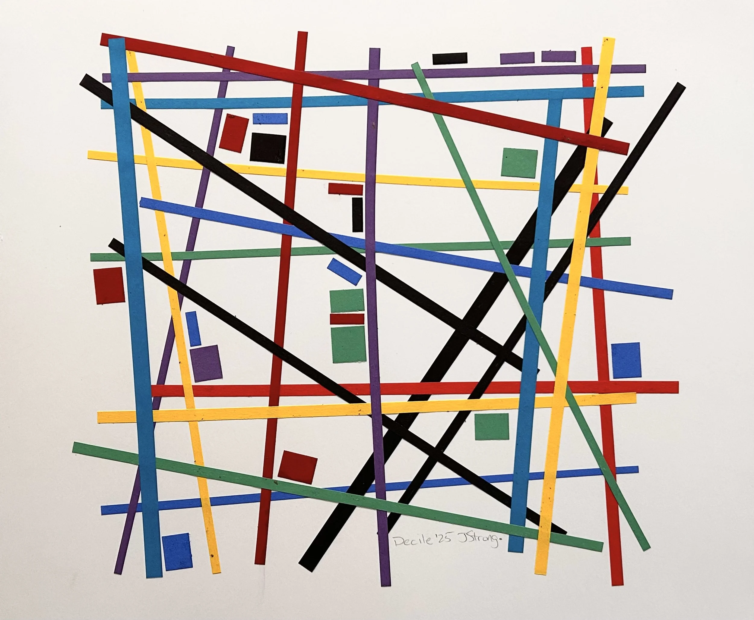 Abstract artwork composed of colorful intersecting lines and rectangles on a white background, with a handwritten caption at the bottom reading 'Decile '25 J. Strong.'