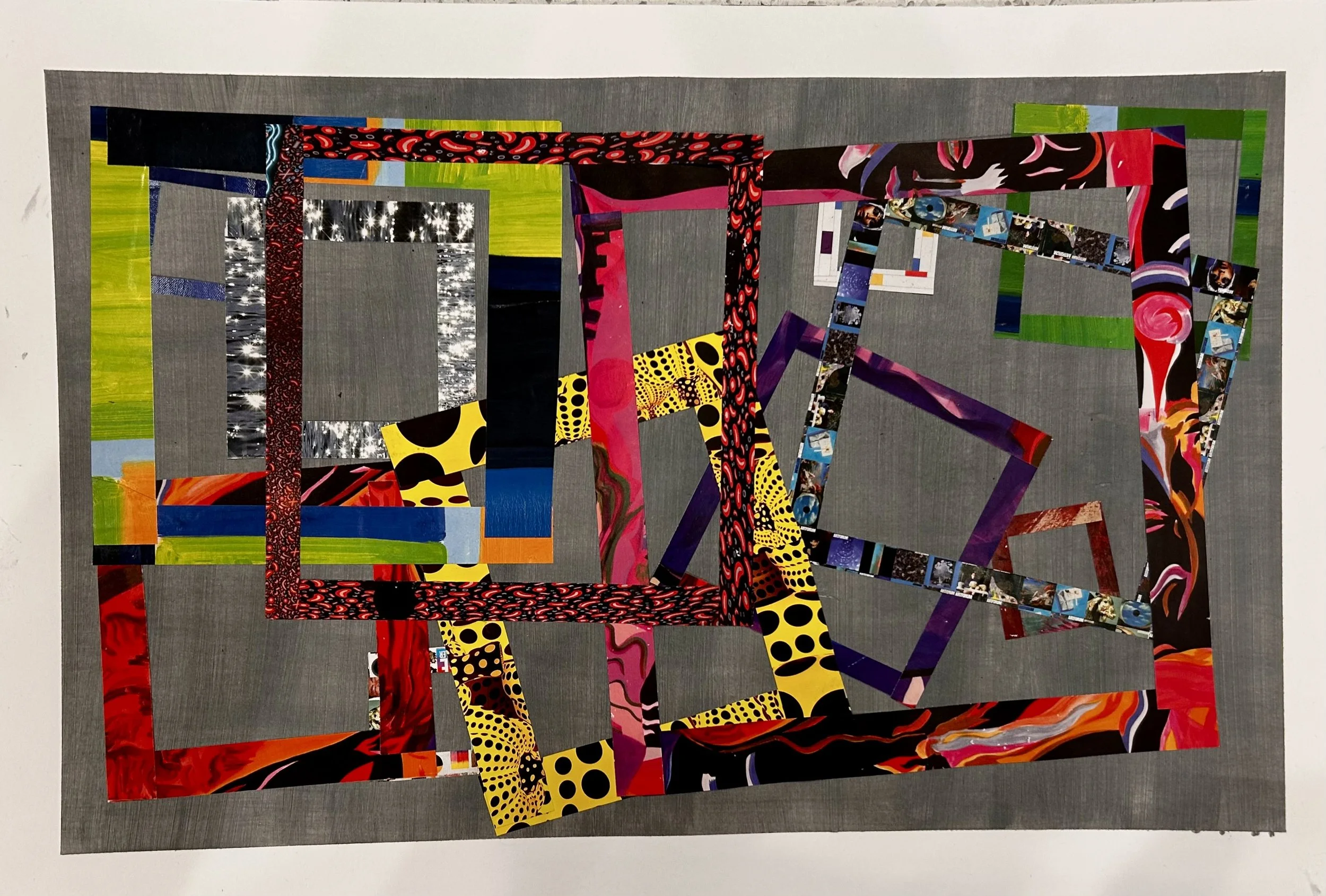 Colorful abstract collage with various patterned paper strips arranged in a geometric overlapping design on a gray background.