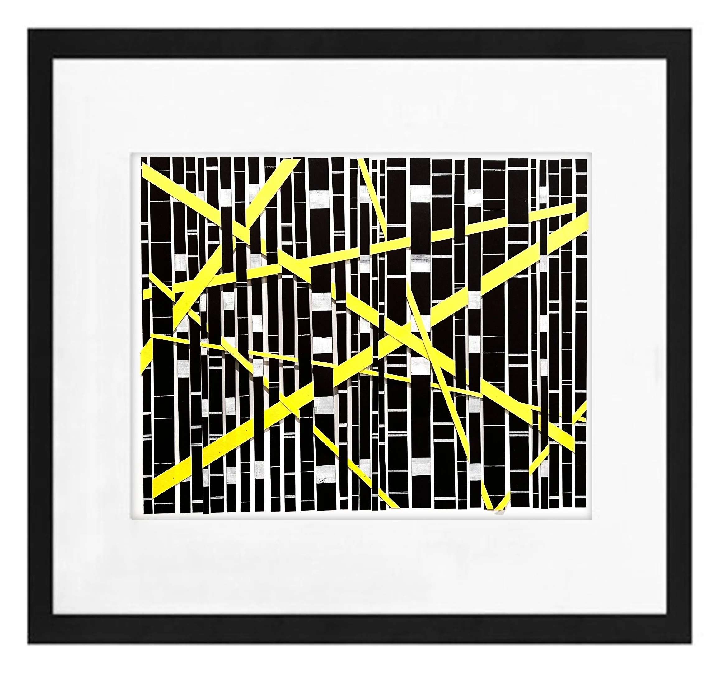 Abstract black and white artwork with yellow diagonal lines and grid patterns, framed in black.