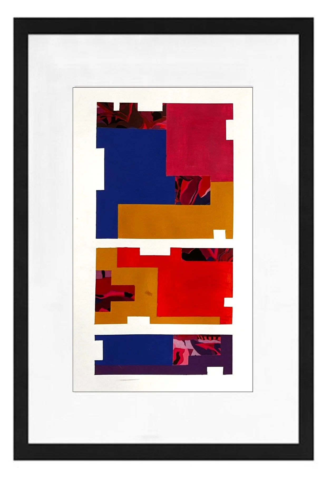 Geometric Abstraction. Close-up of a framed collage artwork featuring abstract geometric shapes in red, blue, yellow, and black with some marbled patterns, arranged in a vertical column on a white background.