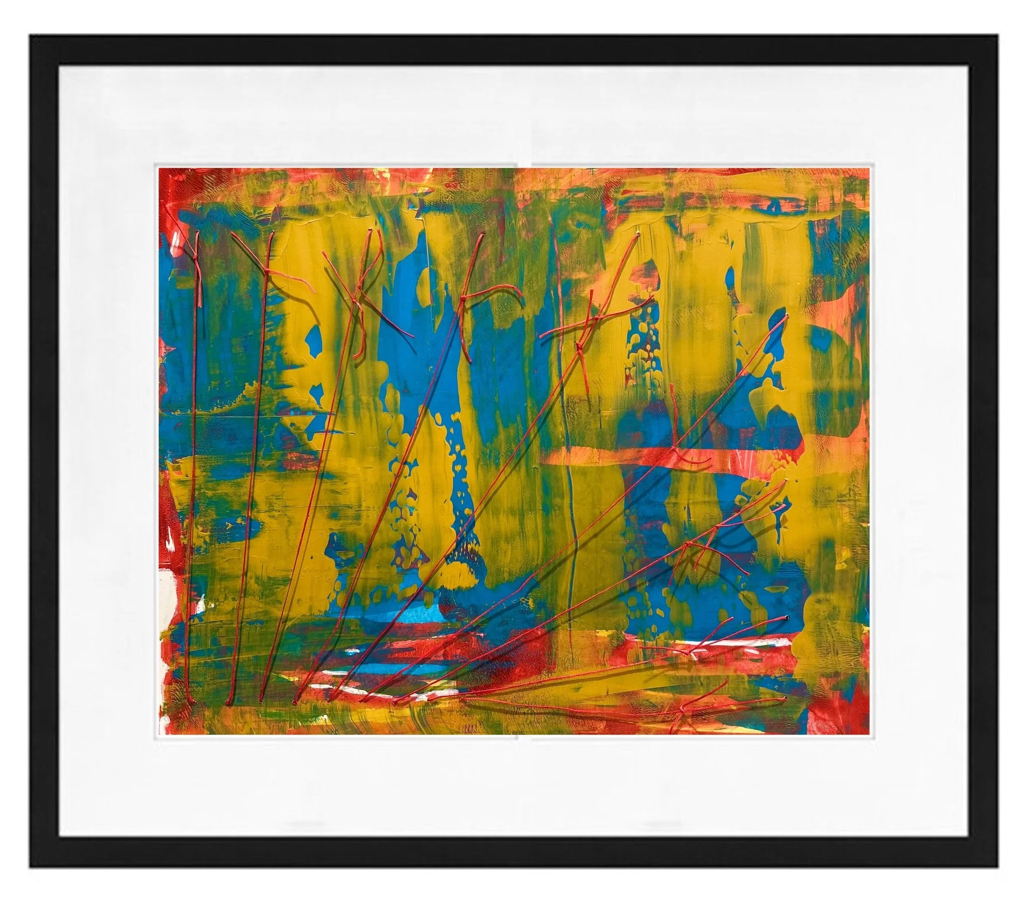Abstract colorful painting on a rectangular canvas framed in black with a white mat.
