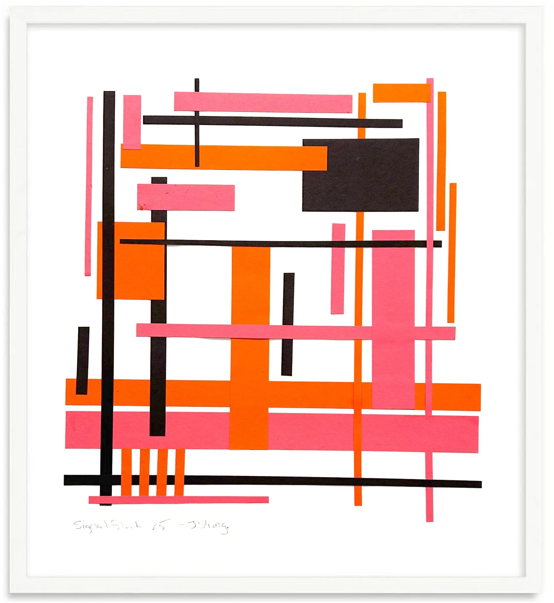 Abstract artwork composed of overlapping rectangular strips in pink, orange, and black colors, mounted on a white background.