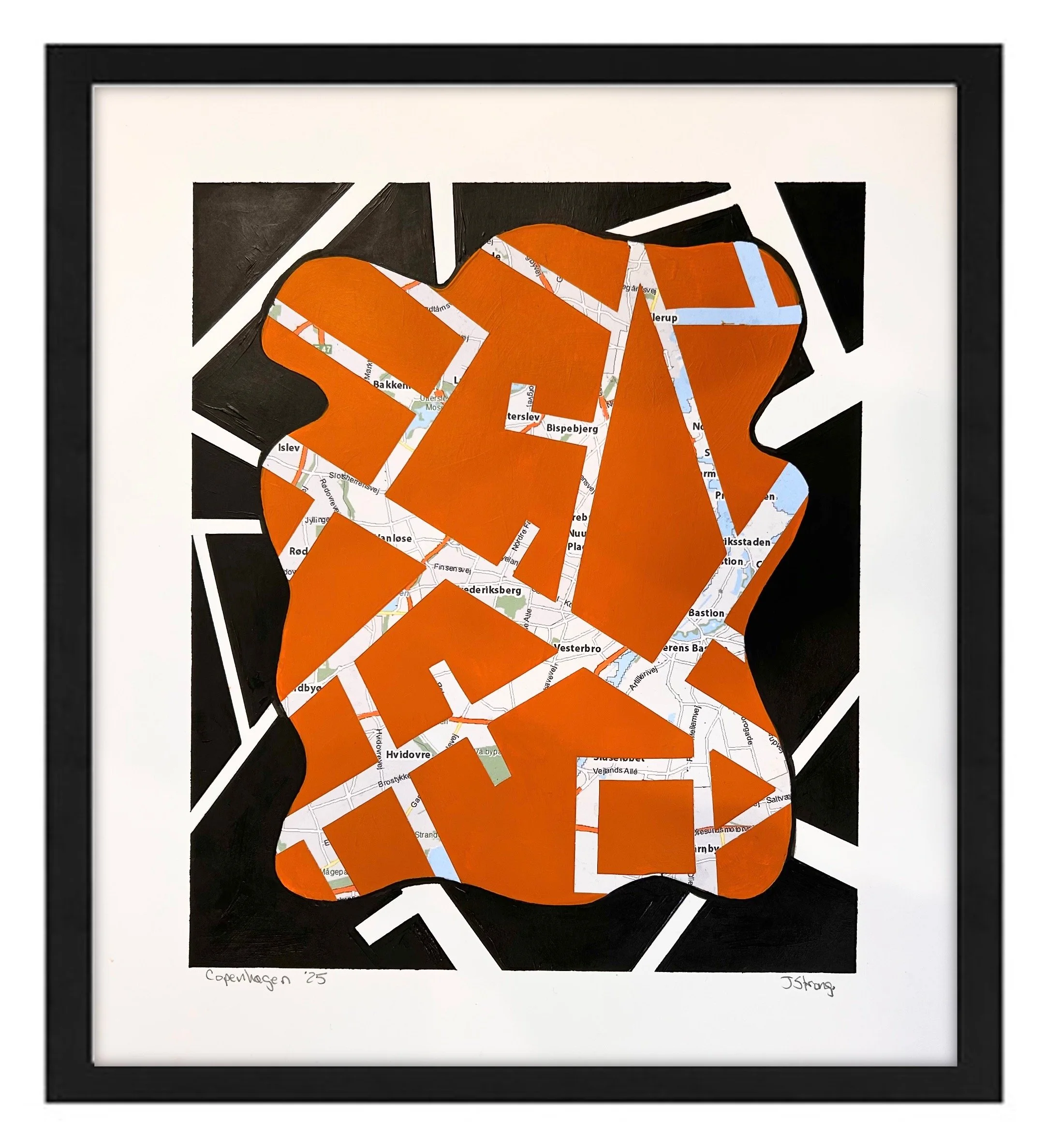 Mixed media artwork titled 'Copenhagen 25' by J. Strøg, featuring a layered collage of a map with bold orange paint strokes, framed in black and white.