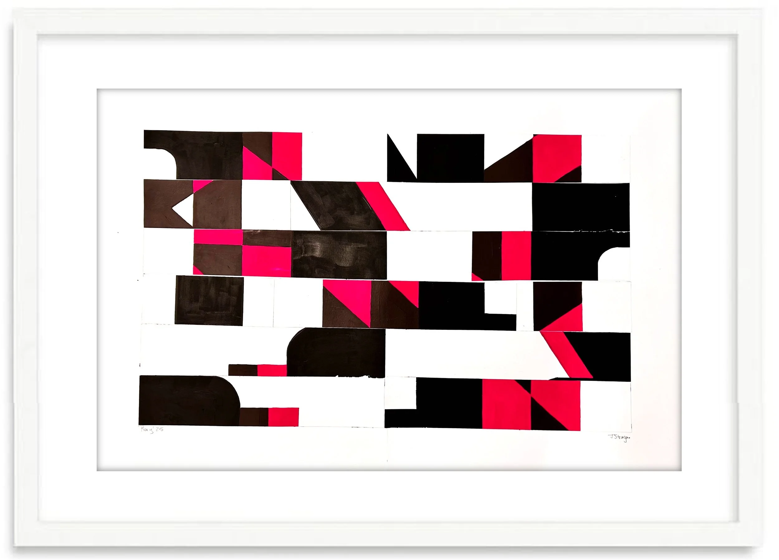 Abstract geometric artwork with black, red, and white shapes.