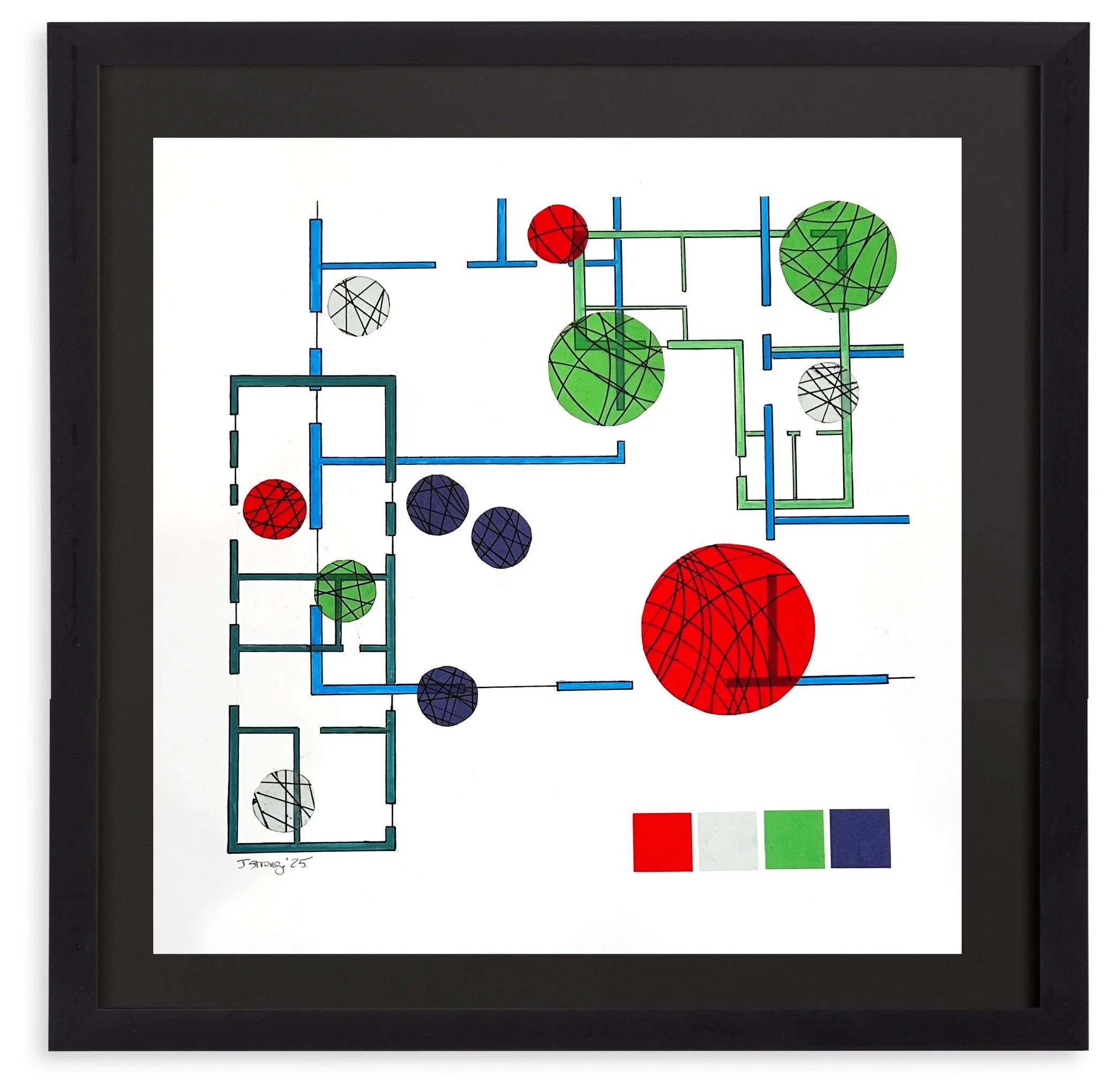 A framed architectural drawing or schematic with various colored circles and lines, including red, green, black, gray, and blue, and a color key at the bottom.