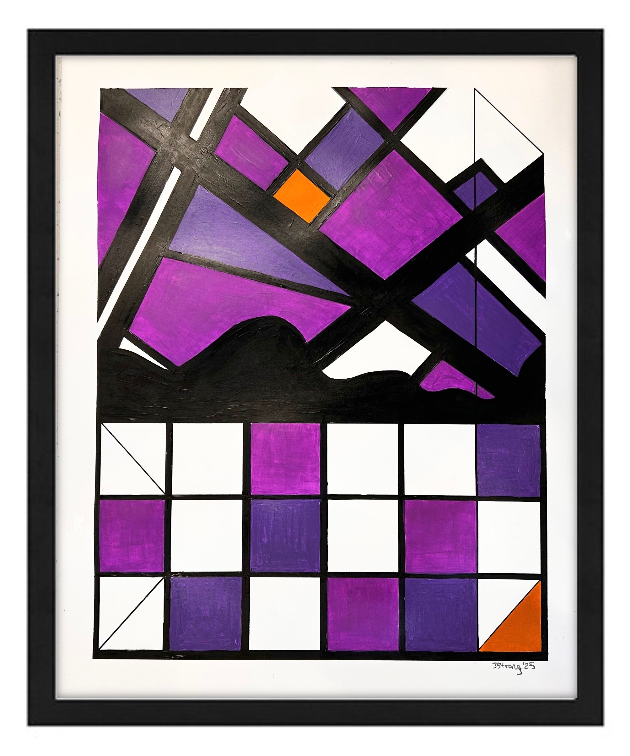 Abstract geometric artwork with vibrant purple, black, orange, and white shapes in a stained glass style.